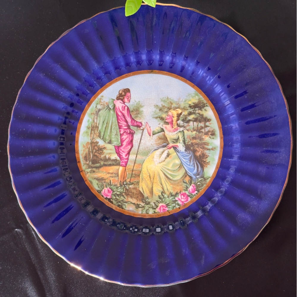 Vintage Royal Victoria Wade Blue Decorative Plate with Romantic Scene